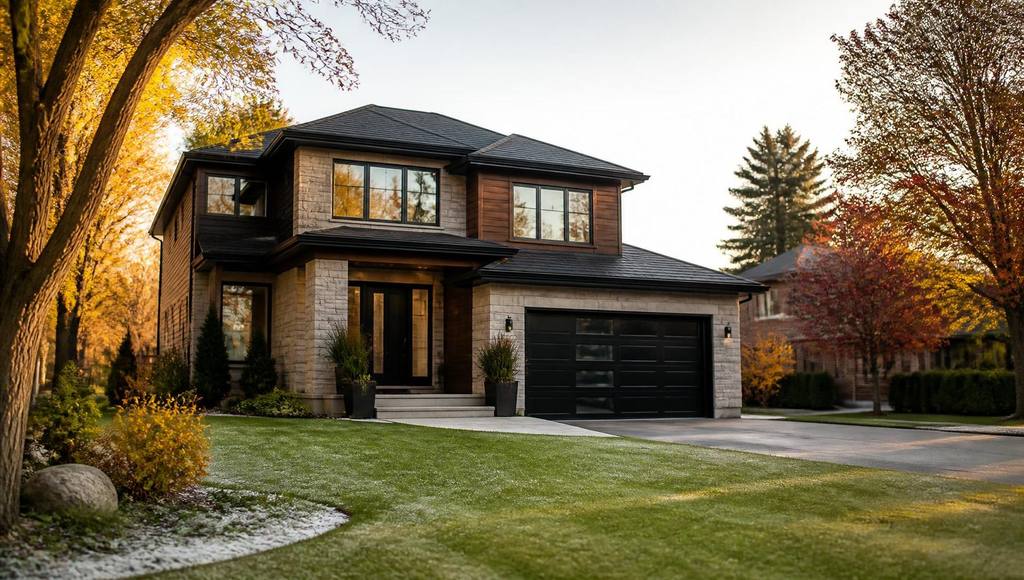 Modern Ottawa residential home with a manicured lawn and clear driveway