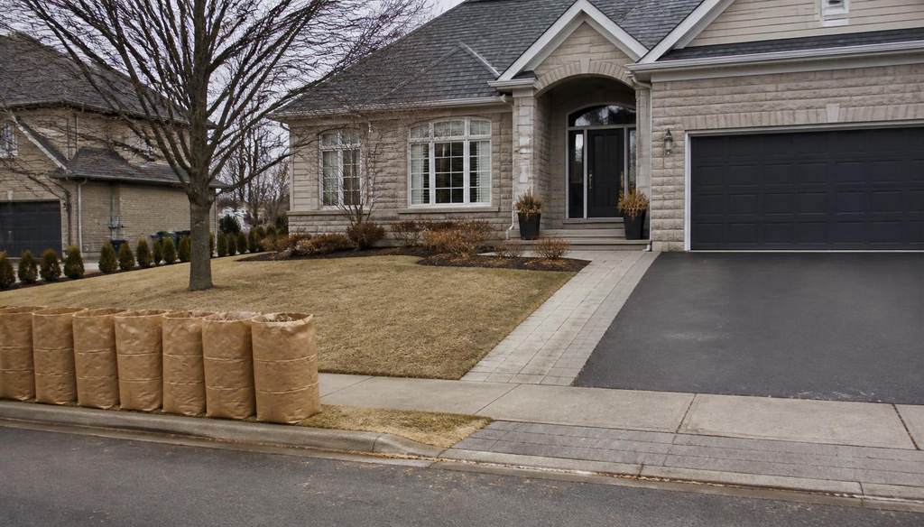 Leaf-free lawn with bagged yard waste at the curb in late fall